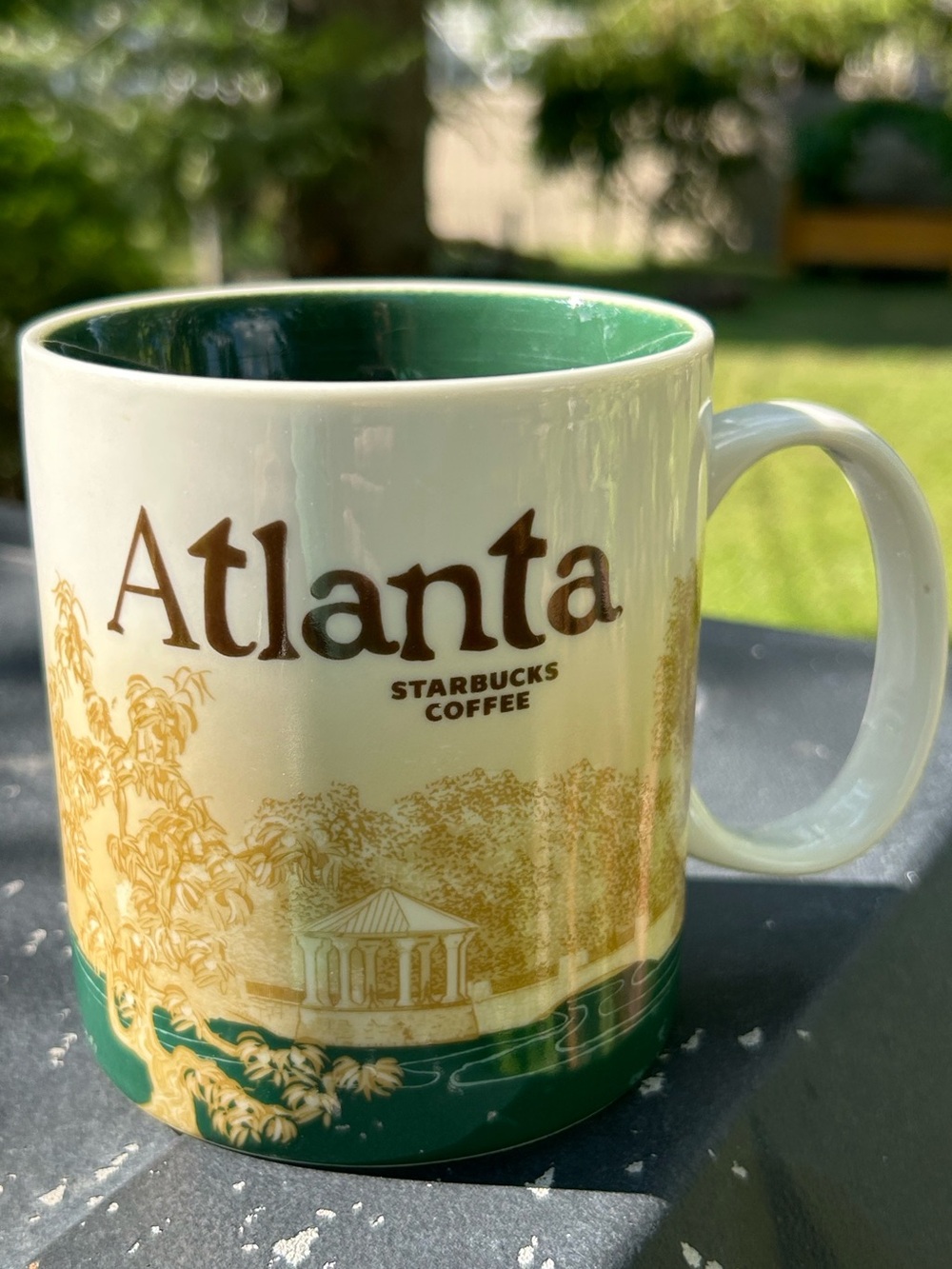 Starbucks Mug Atlanta Cream Green City Cup Gold Artwork 16 Ounce